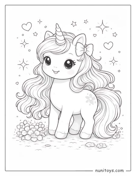 Coloriage licorne mignonne aux longs cheveux ondulés et nœud féerique