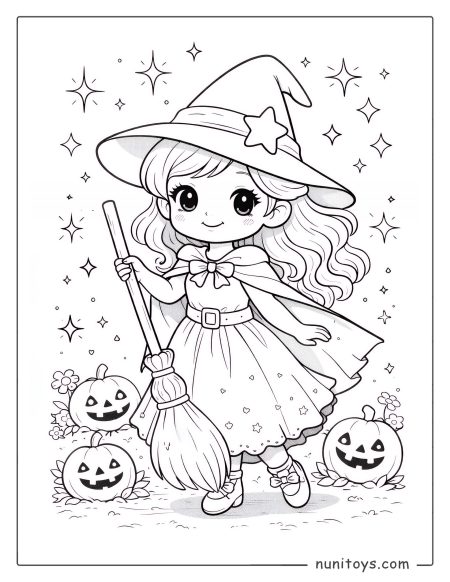 Coloriage petite sorcière mignonne avec balai et citrouilles d’Halloween