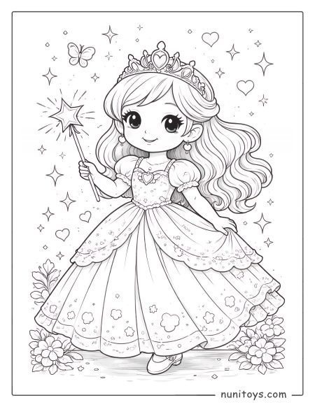 Coloriage princesse magique tenant une baguette étoilée en robe élégante