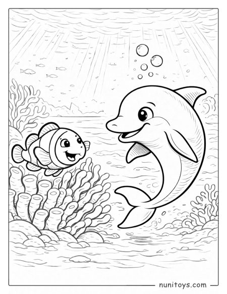 Dolphin Swimming with Clownfish in Coral Reef Coloring Page