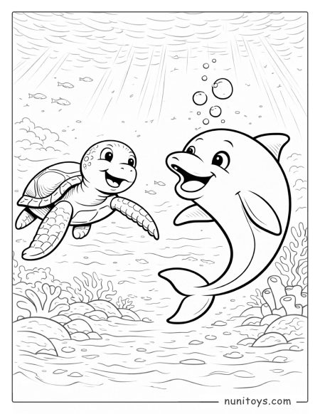 Dolphin Swimming with Sea Turtle Underwater Coloring Page