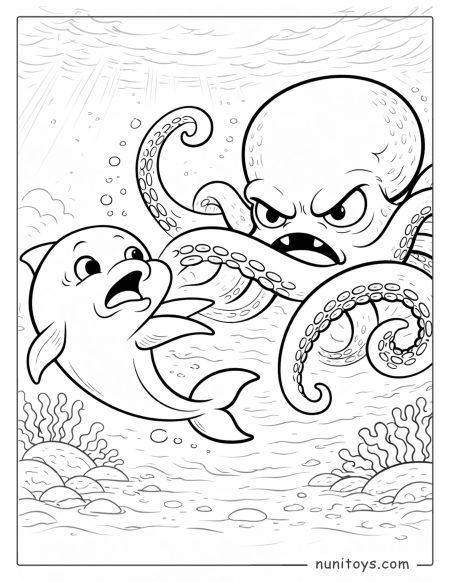 Dolphin Facing a Giant Octopus Underwater