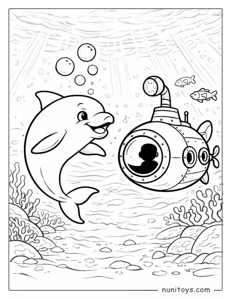 Dolphin Meeting a Submarine Underwater Coloring Page