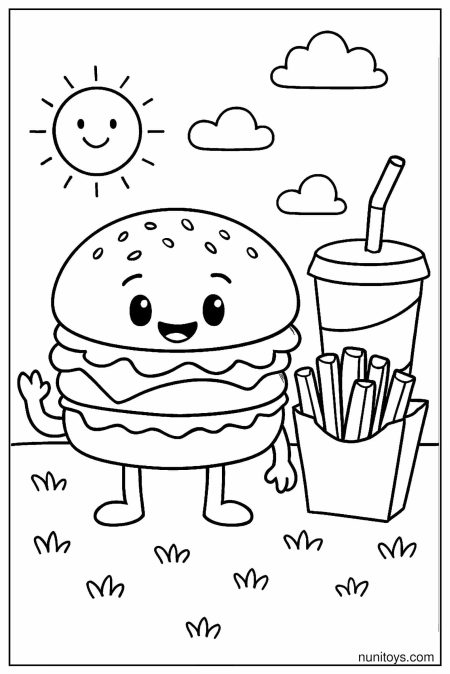 Happy Burger Meal Coloring Page with Fries and Drink