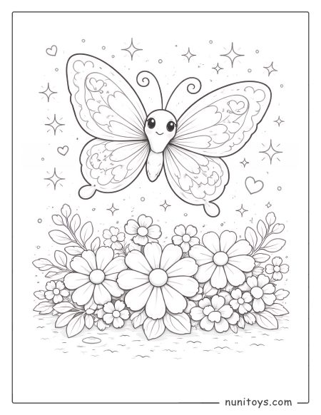 Mariposa adorable sobre flores para colorear