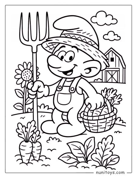 Página para colorear adorable de un Pitufo granjero cosechando verduras