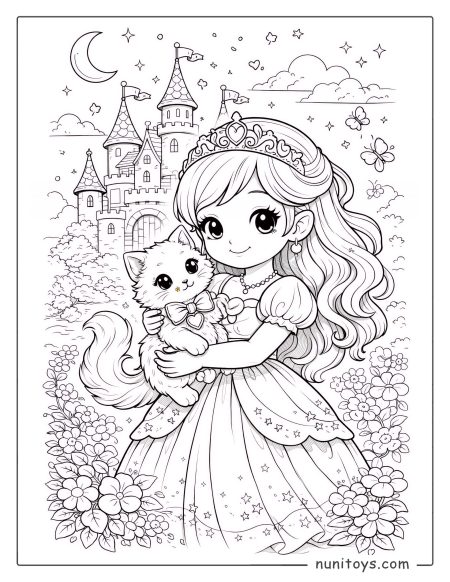 Página para colorear de princesa y gato en el castillo