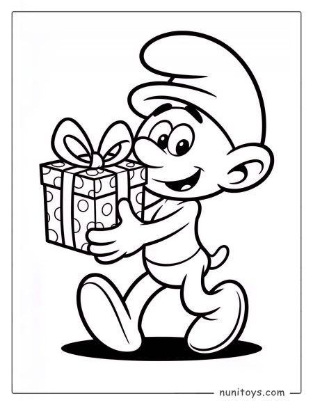 Página para colorear de un Pitufo llevando un regalo