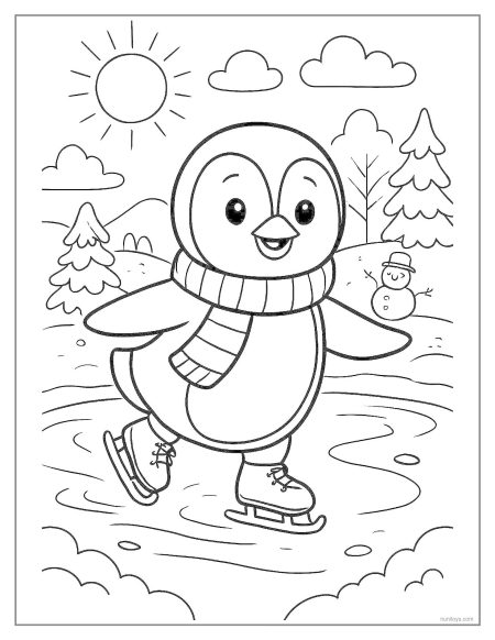 דף צביעה פינגווין חמוד מחליק על אגם קפוא