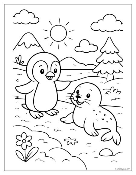 Penguin Greeting a Seal in Snowy Nature Coloring Page