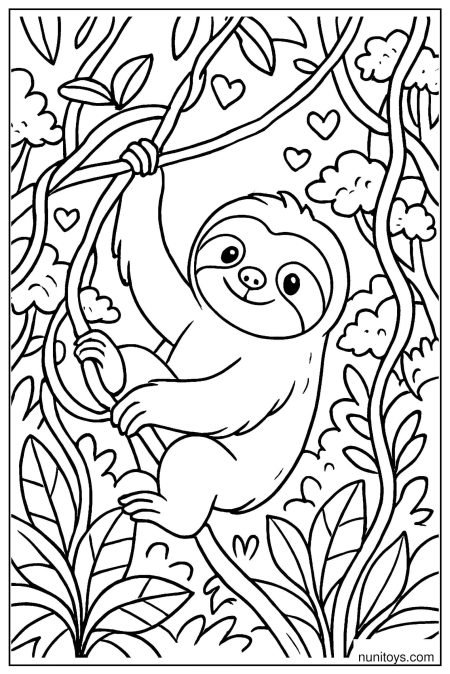 דף צביעה של עצלן תלוי על ענפים מוקף לבבות בג׳ונגל