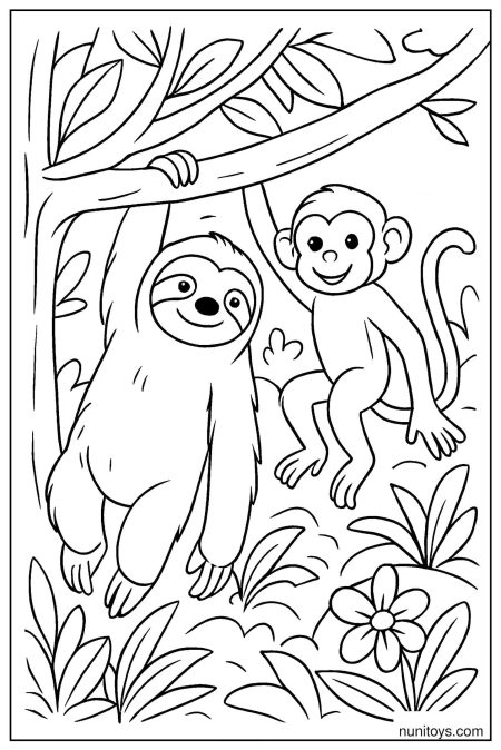 דף צביעה של עצלן וקוף תלויים על ענף ביער