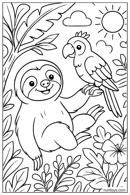 דף צביעה של עצלן מחזיק תוכי על ידו בג׳ונגל