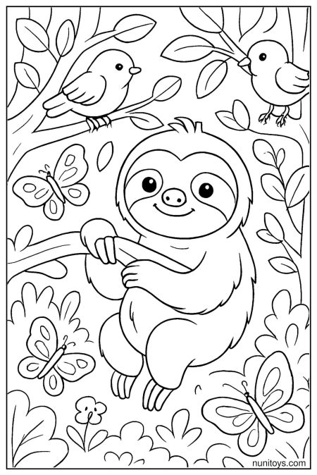 דף צביעה של עצלן מחזיק ענף מוקף ציפורים ופרפרים