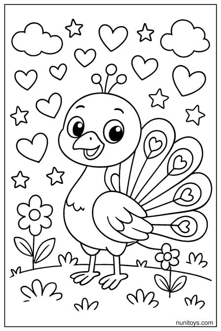 דף צביעה טווס קטן עם זנב בצורת לבבות וכוכבים סביב