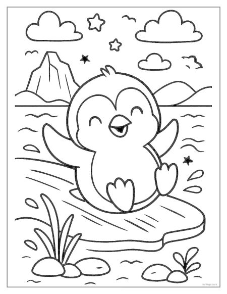 Happy Penguin Sliding on Ice Coloring Page