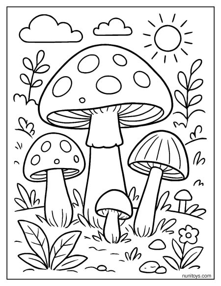 Sunny Garden Mushrooms with Plants and Sky Printable Coloring Page