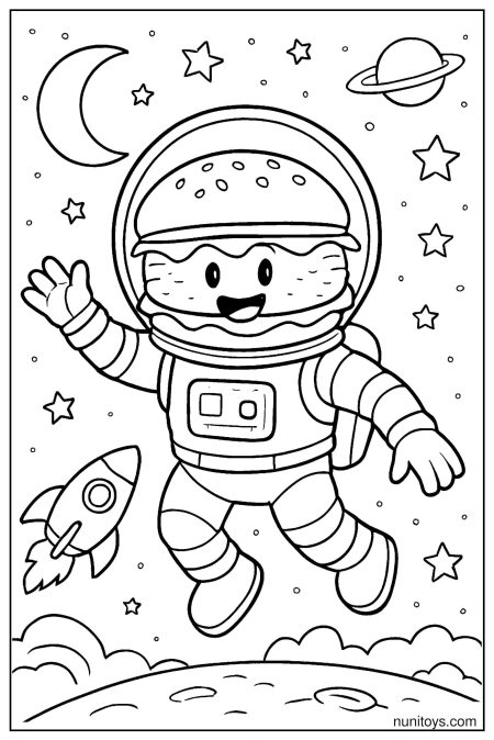 Astronaut Burger Floating in Space Coloring Page