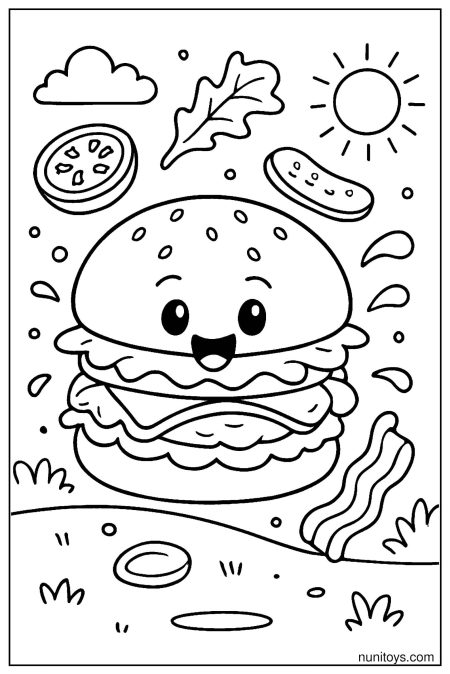 Playful Burger Characters Coloring Page