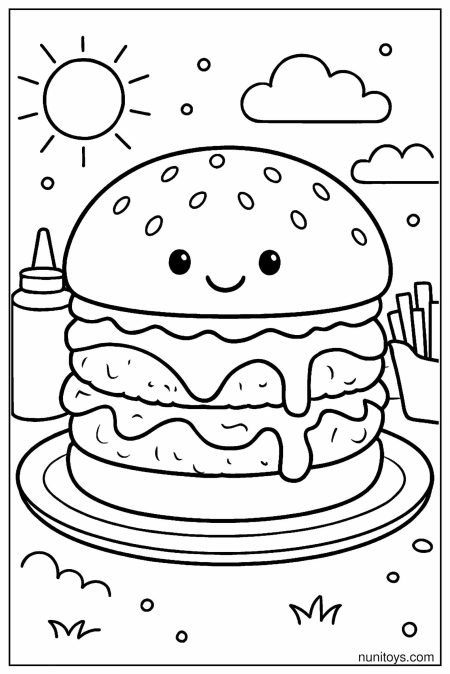 Cute Burger Coloring Page for Free Printable Fun