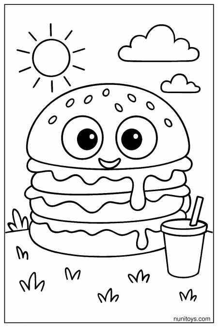Cartoon Burger Coloring Page with Big Eyes and Dripping Cheese Slice