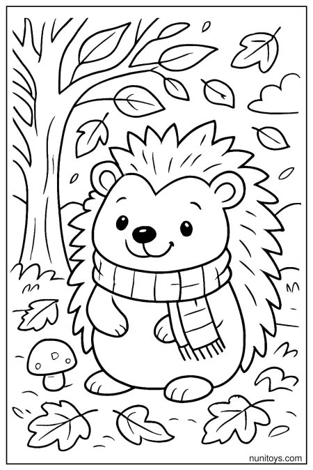 דף צביעה של קיפוד עם צעיף בין עלים נושרים בסתיו