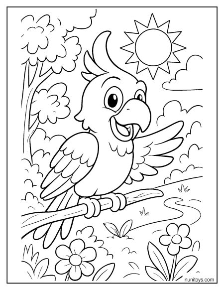 תוכי מצויר מחייך על ענף תחת השמש