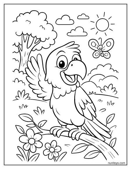 תוכי מצויר מנופף לשלום על ענף בגינה