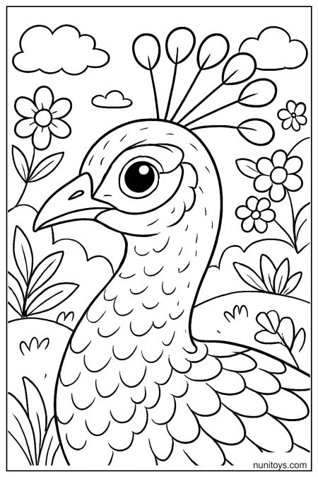 דף צביעה ראש טווס מקרוב עם נוצות מפורטות ופרחים סביב