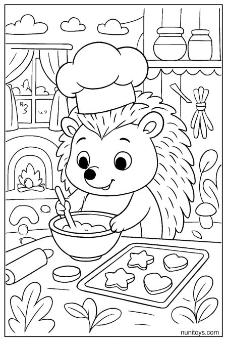 דף צביעה של קיפוד אופה עוגיות במטבח עם כובע שף