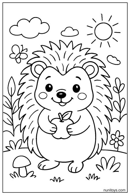 דף צביעה של קיפוד מחזיק תפוח בשדה