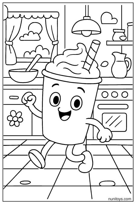 דף צביעה של מילקשייק חמוד רץ במטבח עם קצפת וקשית