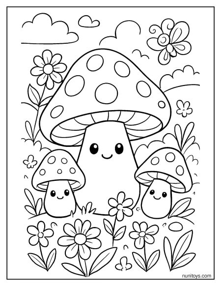 Cute Mushroom Family Surrounded by Flowers Coloring Sheet