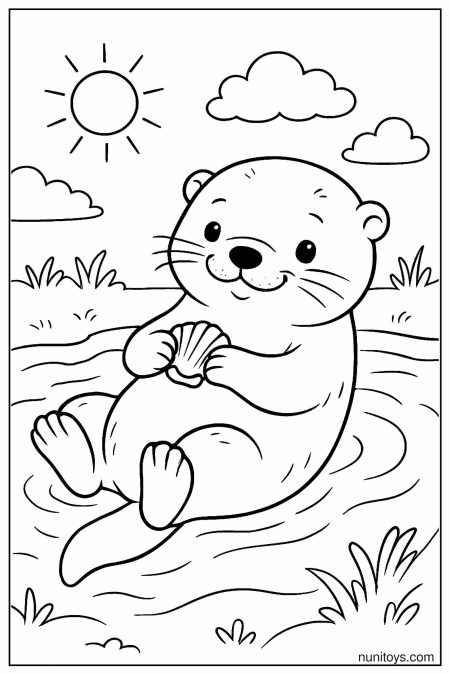 דף צביעה של לוטרה חמודה יושבת במים עם צדפה