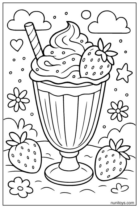 דף צביעה של מילקשייק עם תותים וקצפת בגינה