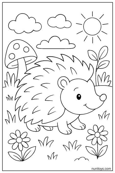 דף צביעה של קיפוד הולך בין פרחים ופטרייה ביום שמשי