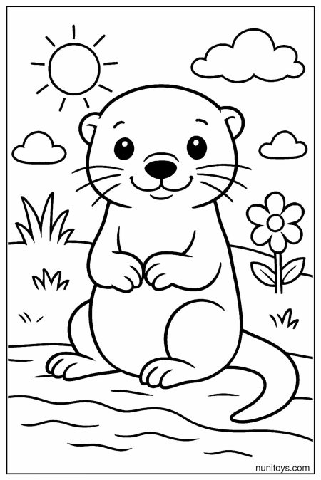 דף צביעה של לוטרה יושבת ליד פרח בשדה