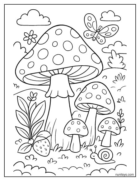 Cute Mushroom Group with Snail Nature Coloring Page