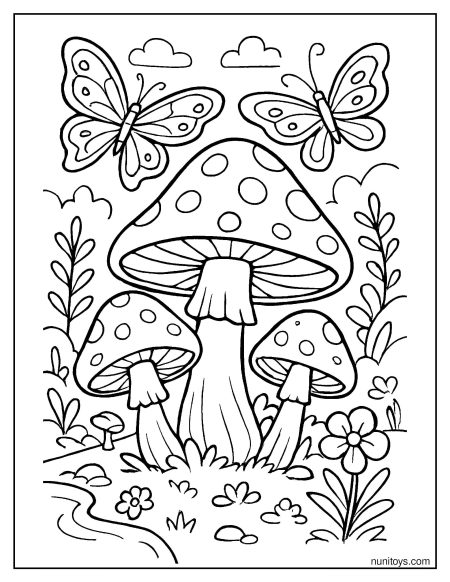 Butterflies Flying Over Mushroom Garden Coloring Sheet