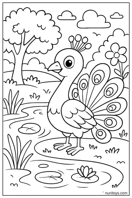 דף צביעה טווס עומד ליד נחל עם עלי נופר ופרחים