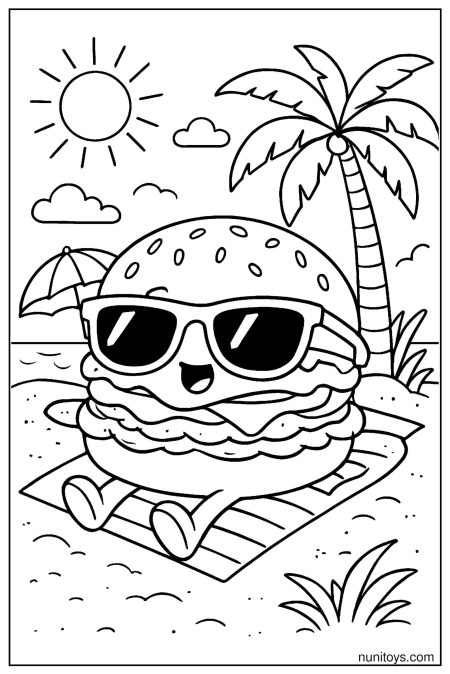 Sunny Beach Burger Wearing Sunglasses Coloring Page