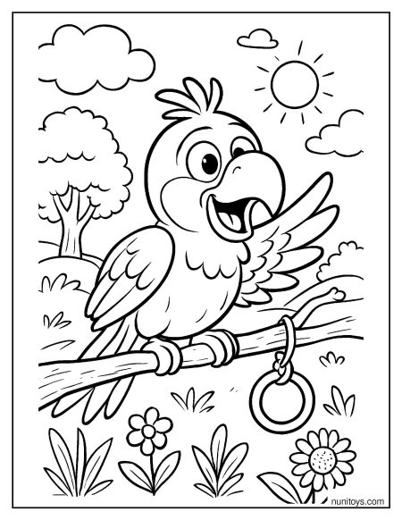 תוכי מצחיק מדבר על ענף עם טבעת משחק