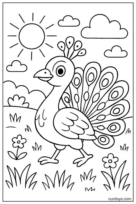 דף צביעה טווס הולך בשדה עם זנב פתוח ודוגמאות