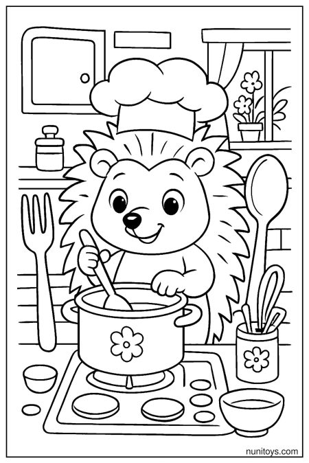 דף צביעה של קיפוד שף מבשל סיר על הכיריים במטבח