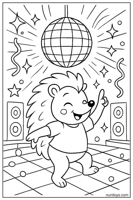דף צביעה של קיפוד רוקד על רחבת ריקודים עם כדור דיסקו