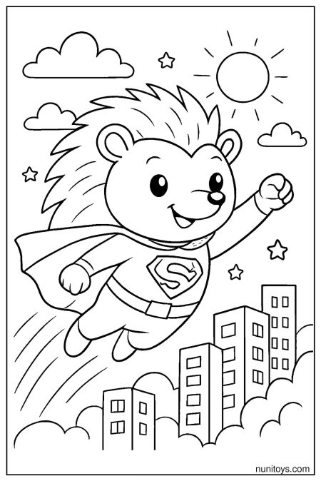 דף צביעה של קיפוד גיבור־על עף מעל בניינים בעיר