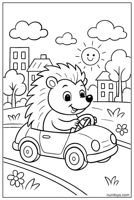 דף צביעה של קיפוד נוהג במכונית בעיר ביום שמשי