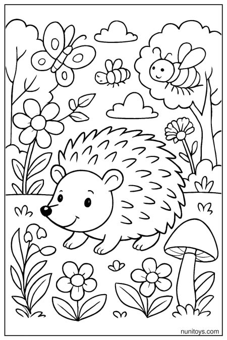 דף צביעה של קיפוד הולך בין פרחים ודבורים בשדה