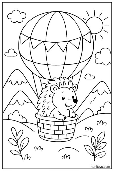 דף צביעה של קיפוד בסל כדור פורח מעל הרים