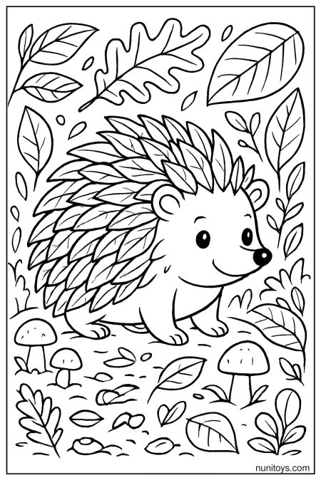 דף צביעה של קיפוד הולך בין עלים גדולים ופטריות ביער